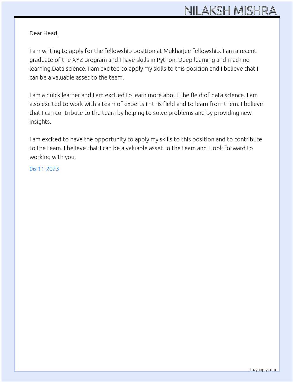 Fellowship  At Mukharjee fellowship  Cover Letter
