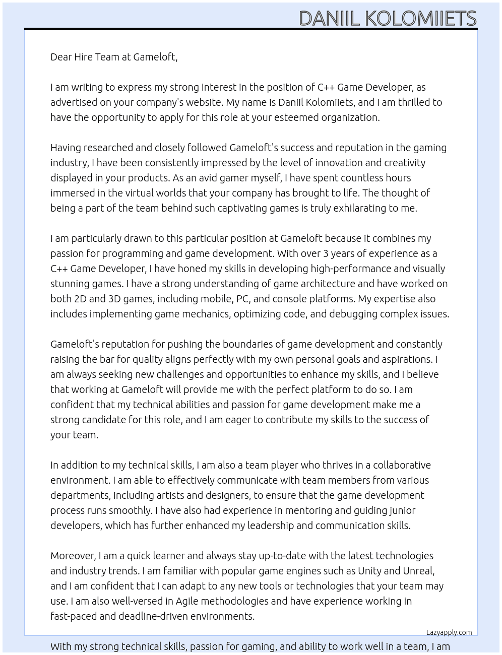 Cover letter for c++ game developer - LazyApply