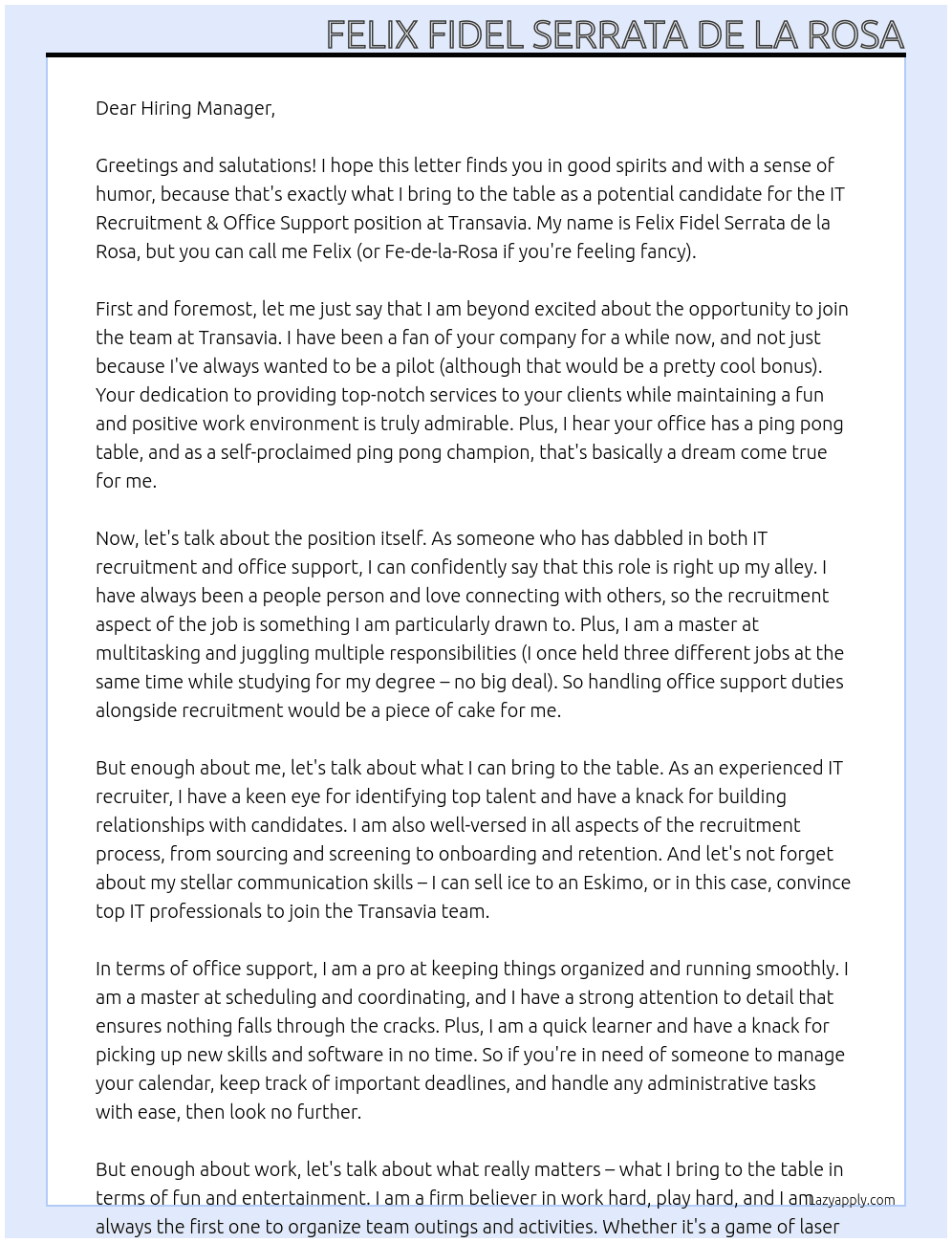 IT Recruitment & Office Support At Transavia Cover Letter