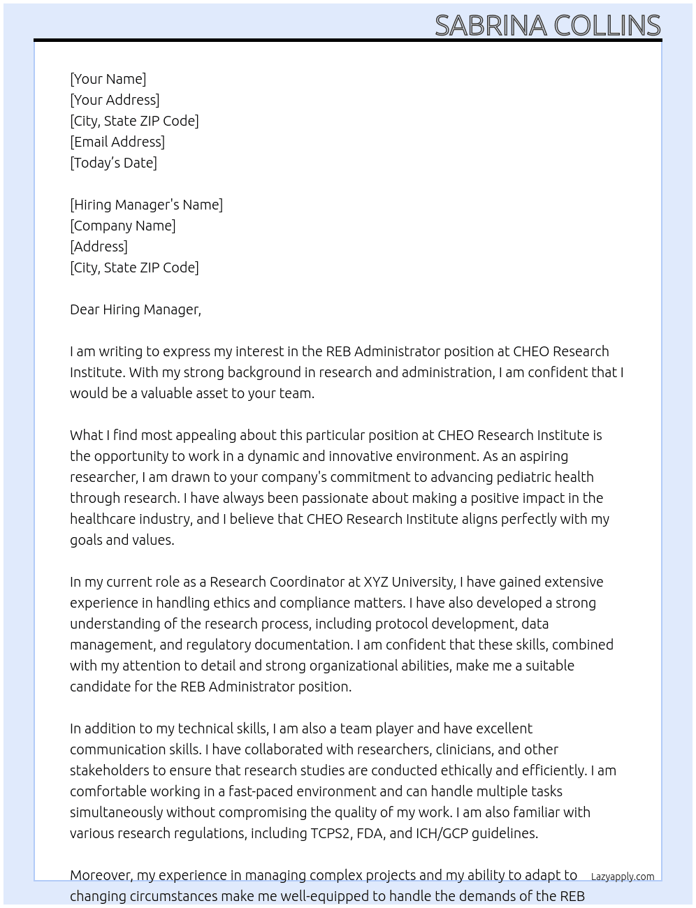 REB Administrator At CHEO Research Institute Cover Letter