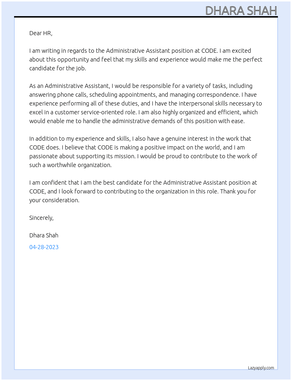Administrative Assistant At CODE Cover Letter