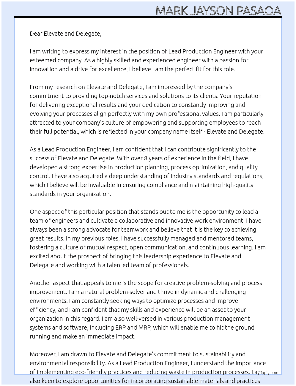 Lead Production Engineer At Elevate and Delegate Cover Letter