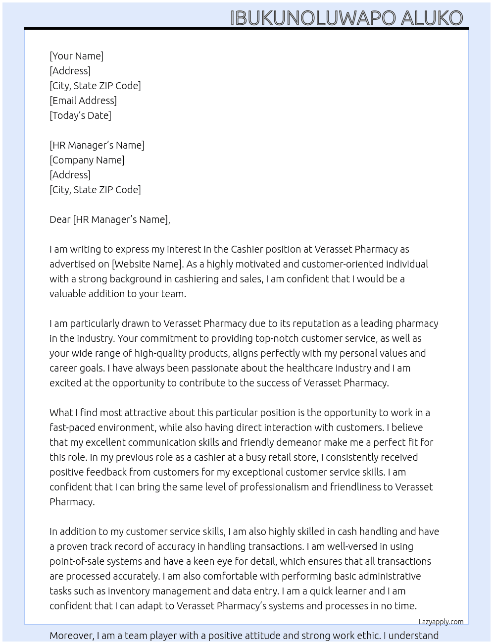 Cashier  At Verasset Pharmacy  Cover Letter