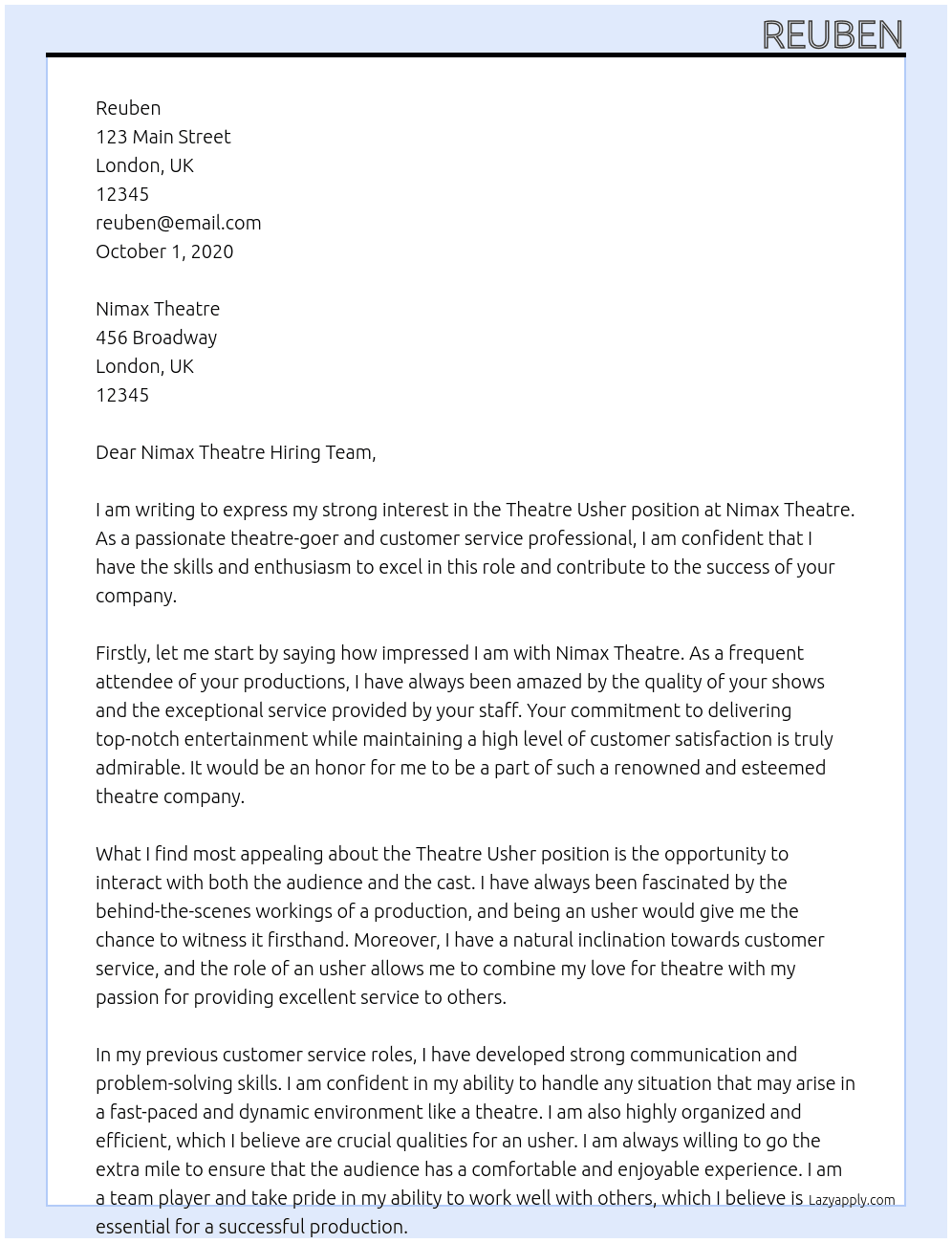 Theatre Usher  At Nimax theatre  Cover Letter