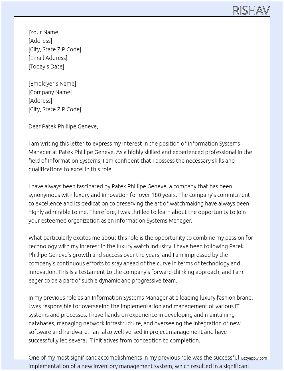 Information Systems Manager At Patek Phillipe Geneve Cover Letter