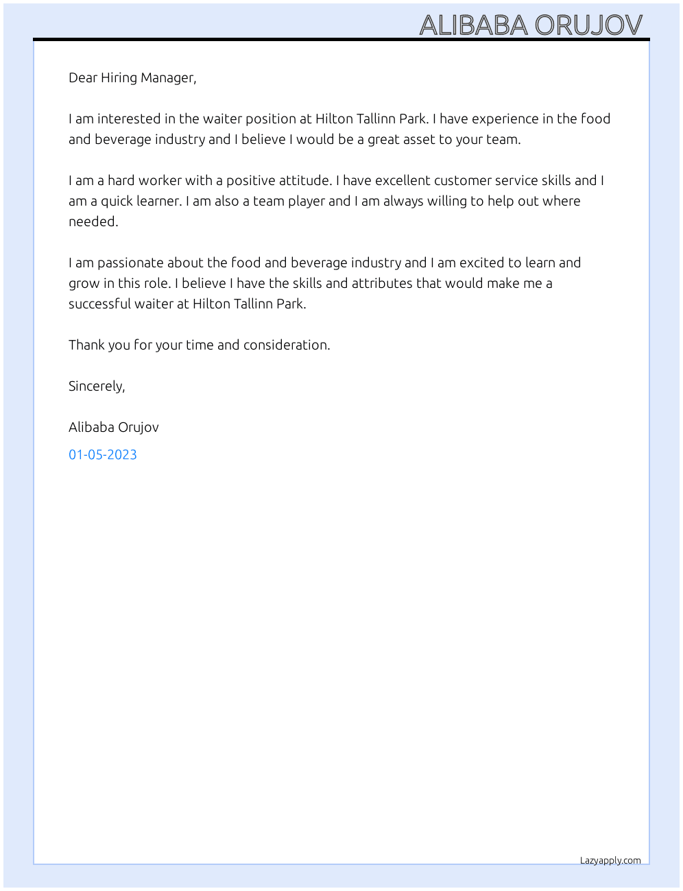 Waiter At Hilton Tallinn Park Cover Letter