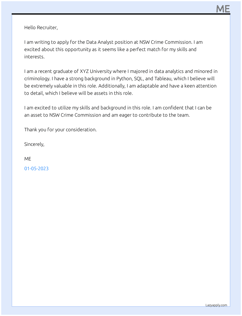 Data Analyst At NSW Crime Commission Cover Letter