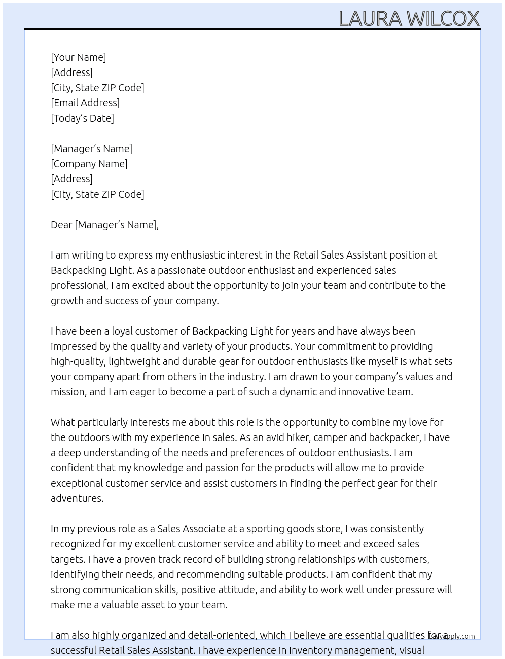 Retail Sales Assistant At Backpacking Light Cover Letter