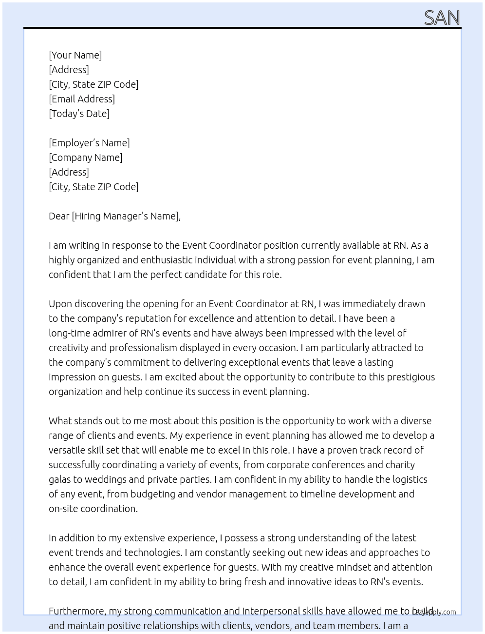 Event coordinator  At RN Cover Letter