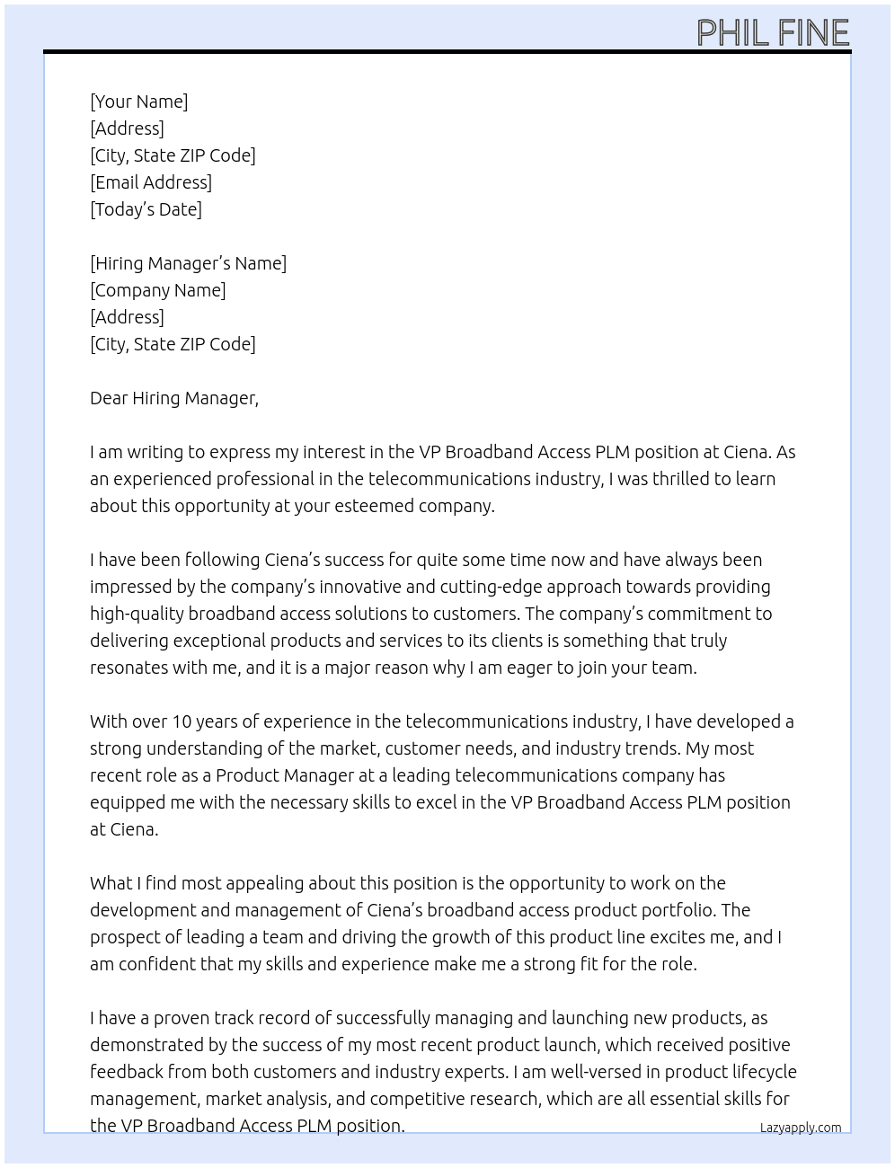 VP Broadband Access PLM At Ciena Cover Letter