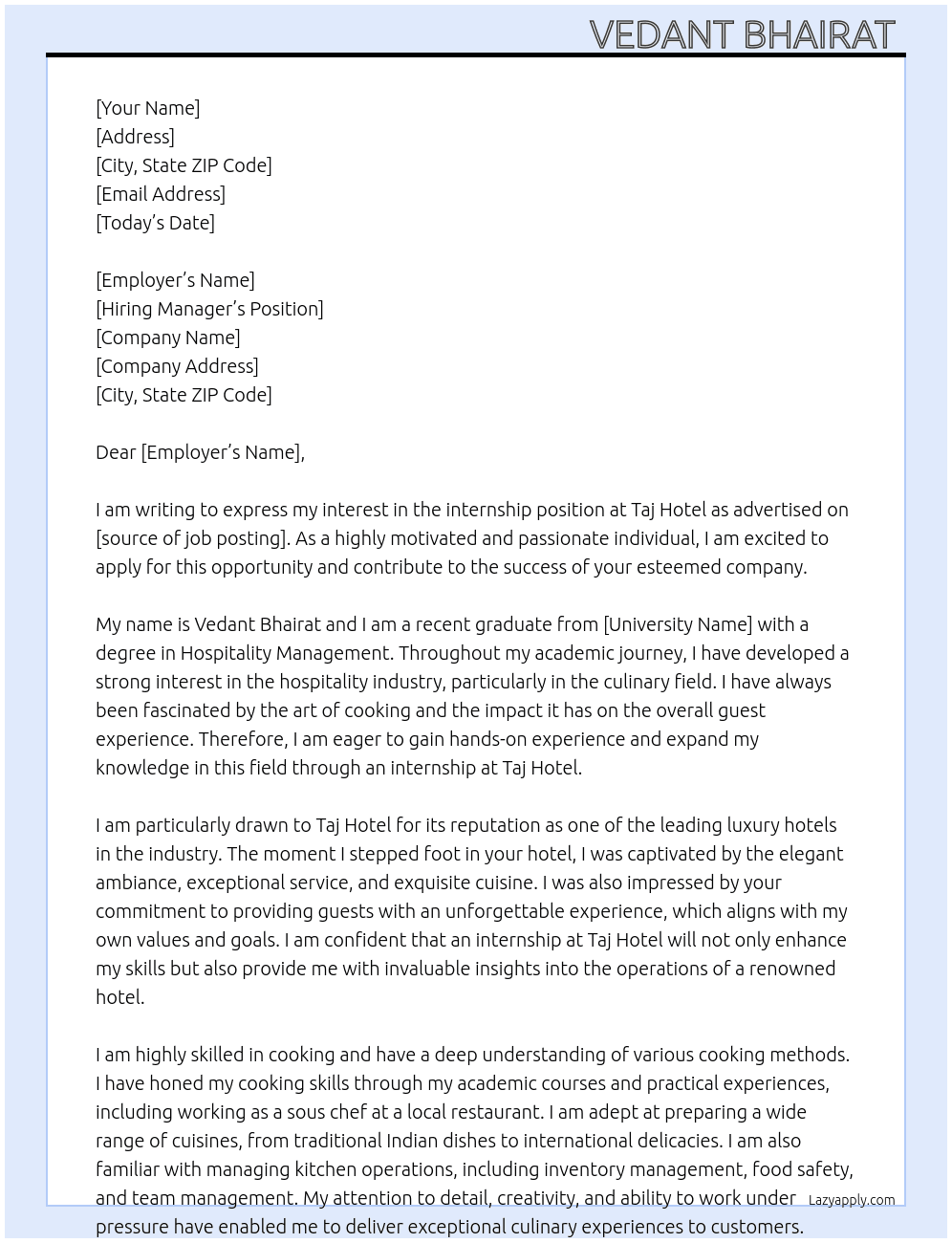 To internship in hotel At Taj hotel Cover Letter