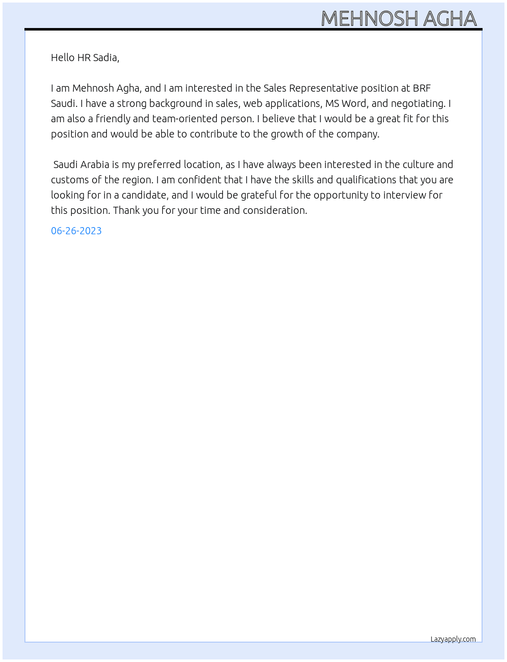 Sales Representative  At BRF Saudi Cover Letter