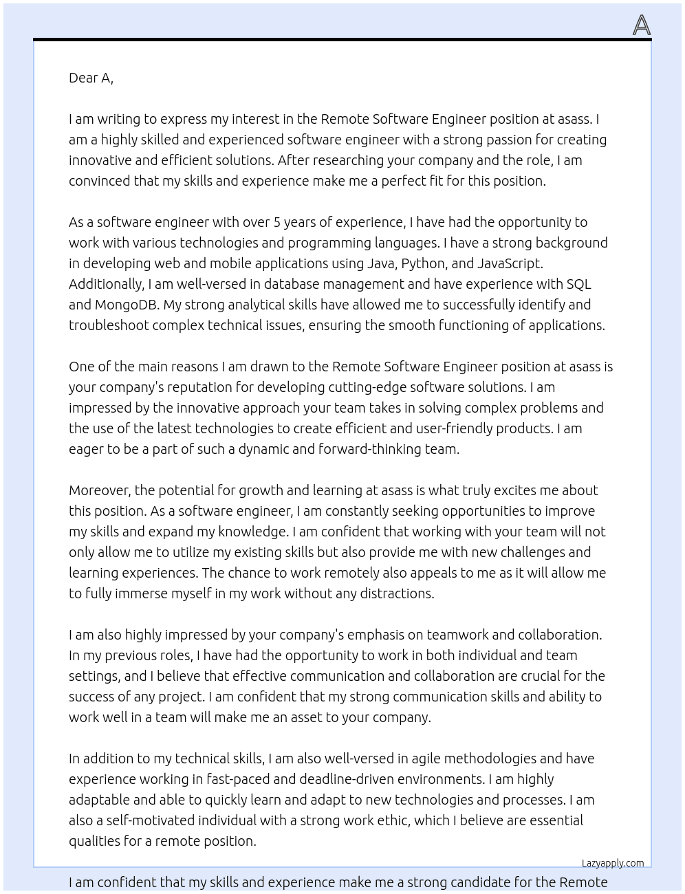Remote Software engineer At asass Cover Letter