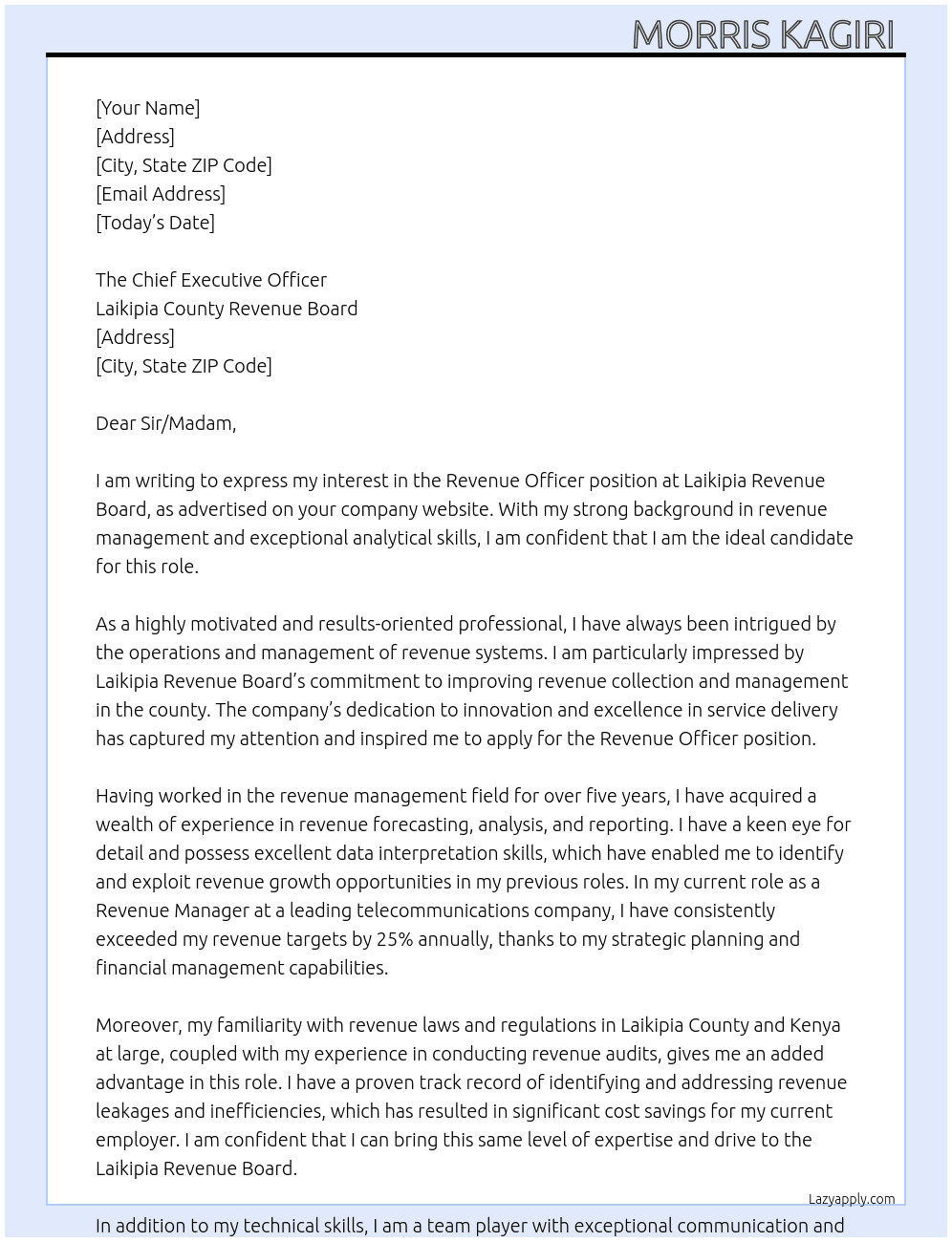Revenue officer  At Laikipia Revenue Board Cover Letter