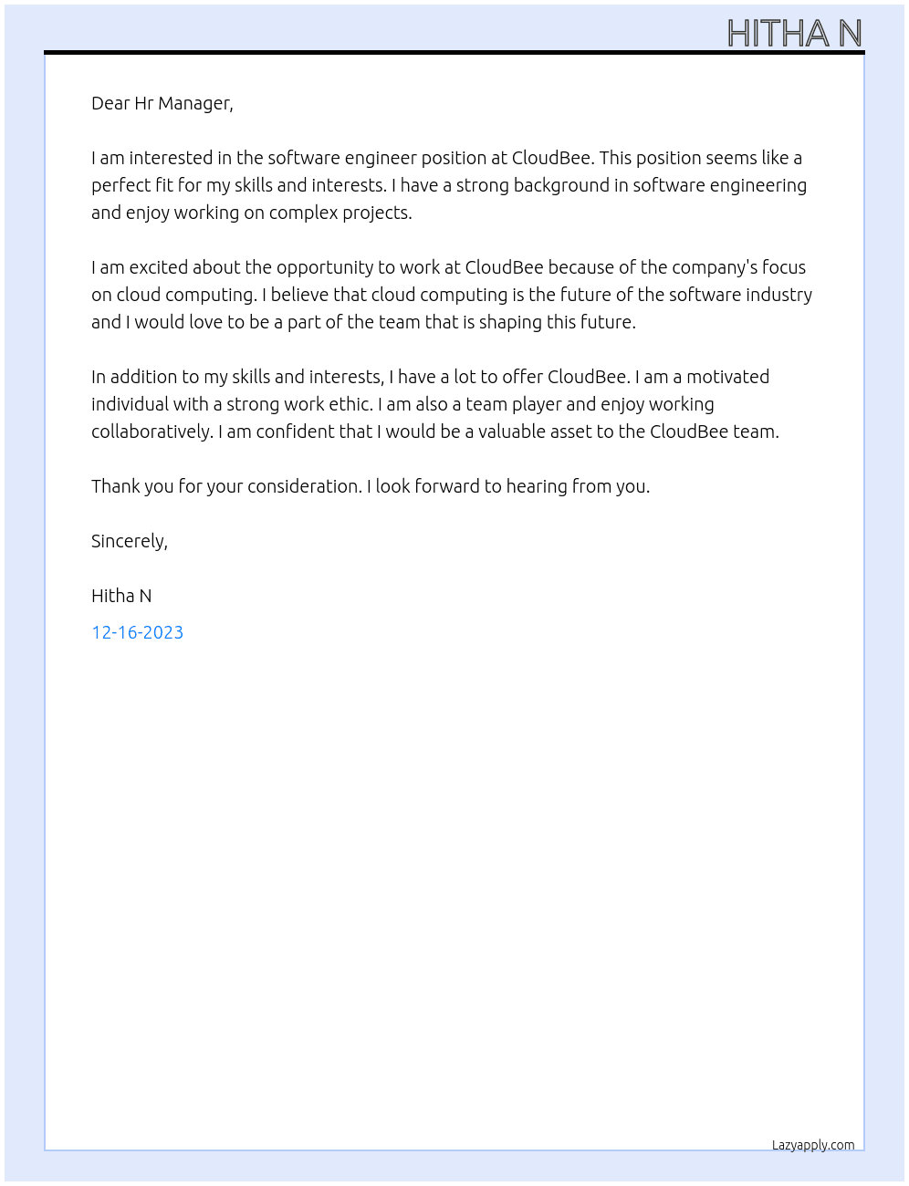software engineer At CloudBee Cover Letter