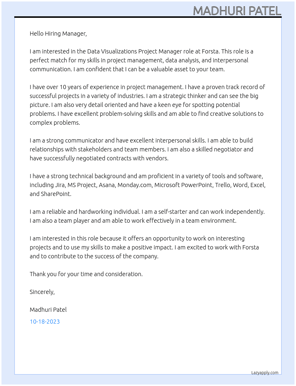 Data Visualizations Project Manager At Forsta Cover Letter