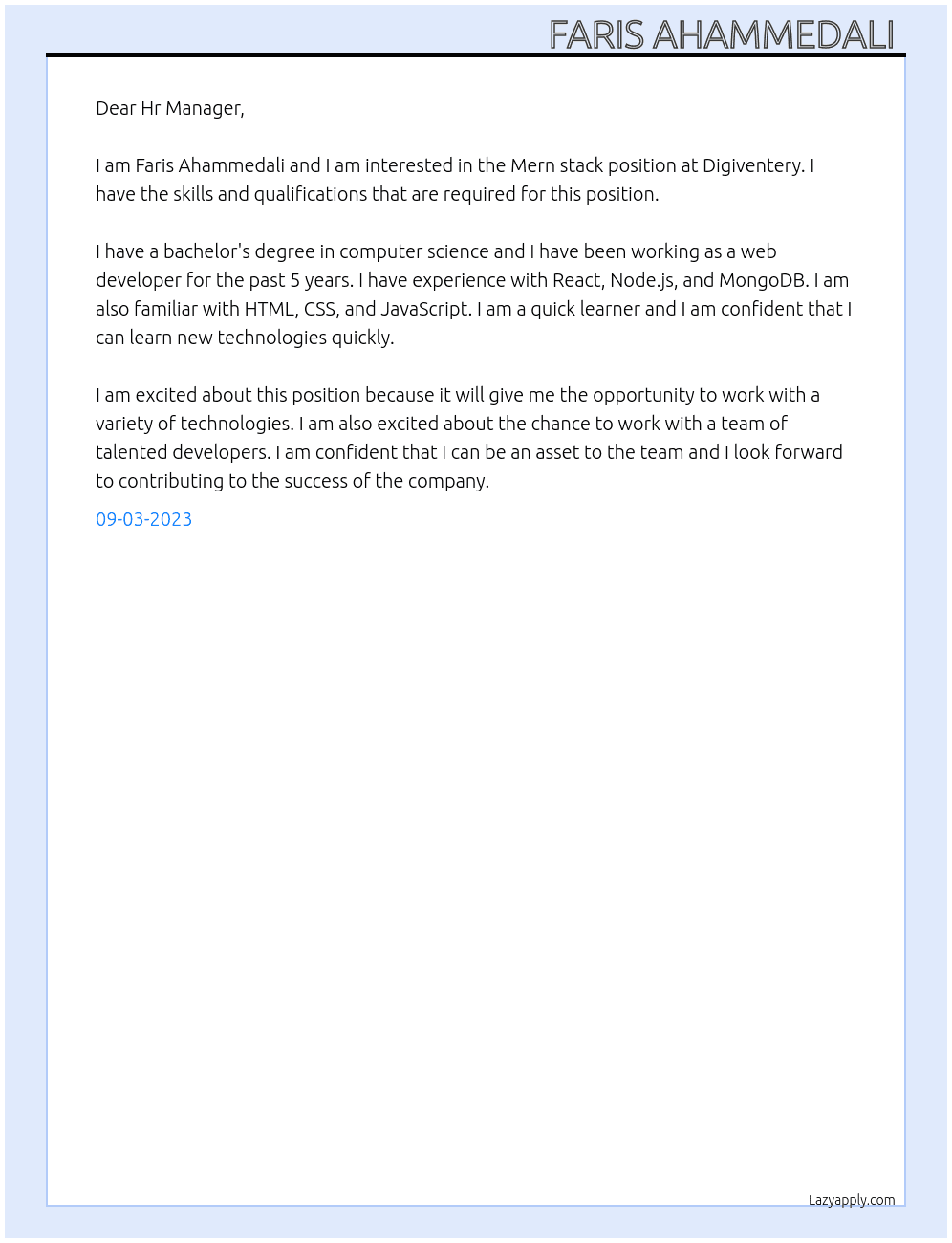 Mern stack At Digiventery Cover Letter