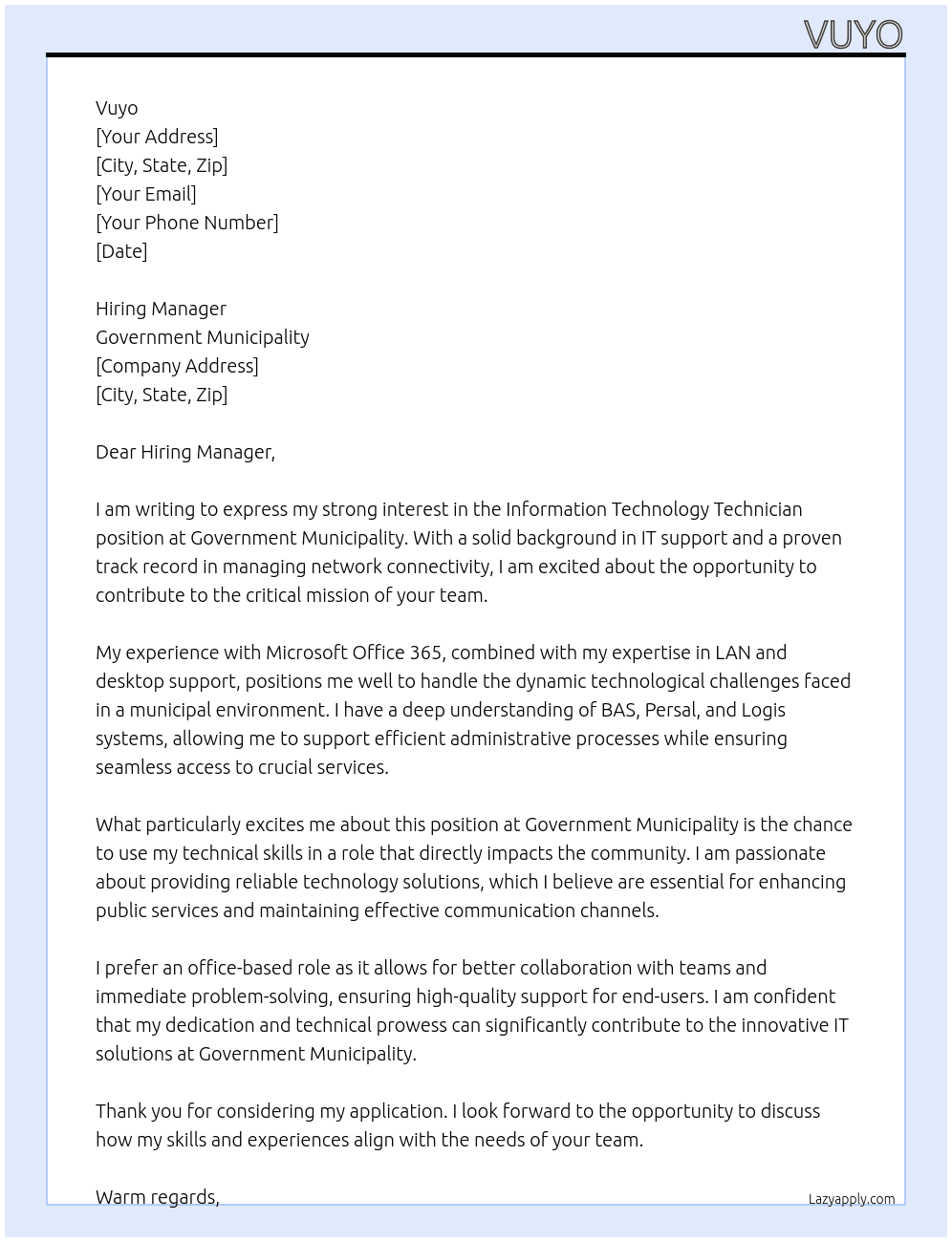 Cover letter for information technology technician - LazyApply