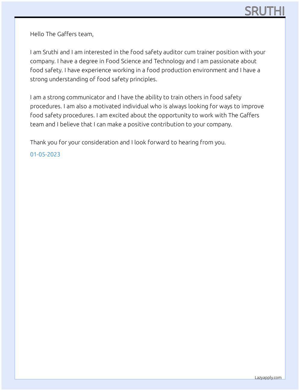 Cover letter for food safety auditor cum trainer - LazyApply