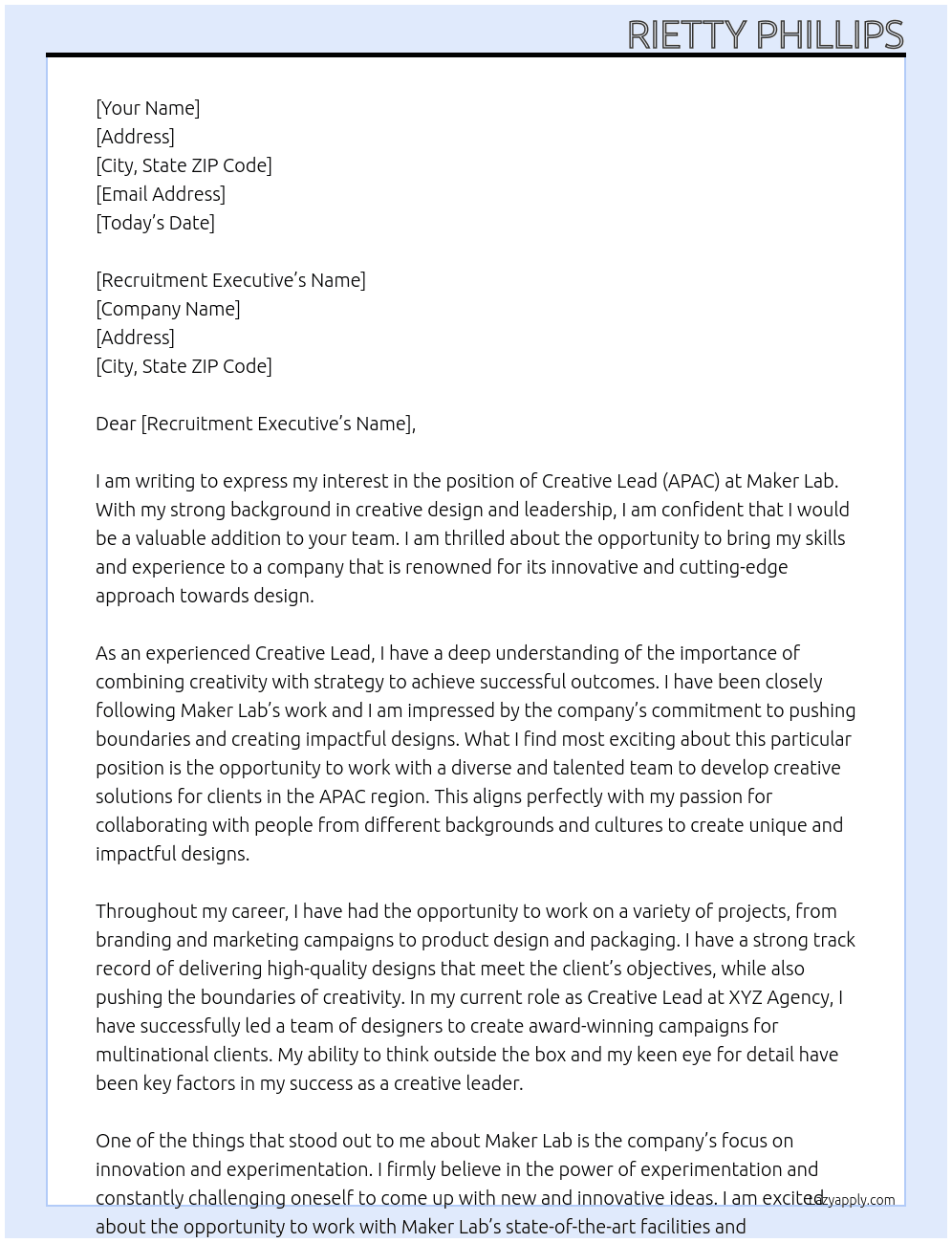 Creative Lead (APAC) At Maker Lab Cover Letter