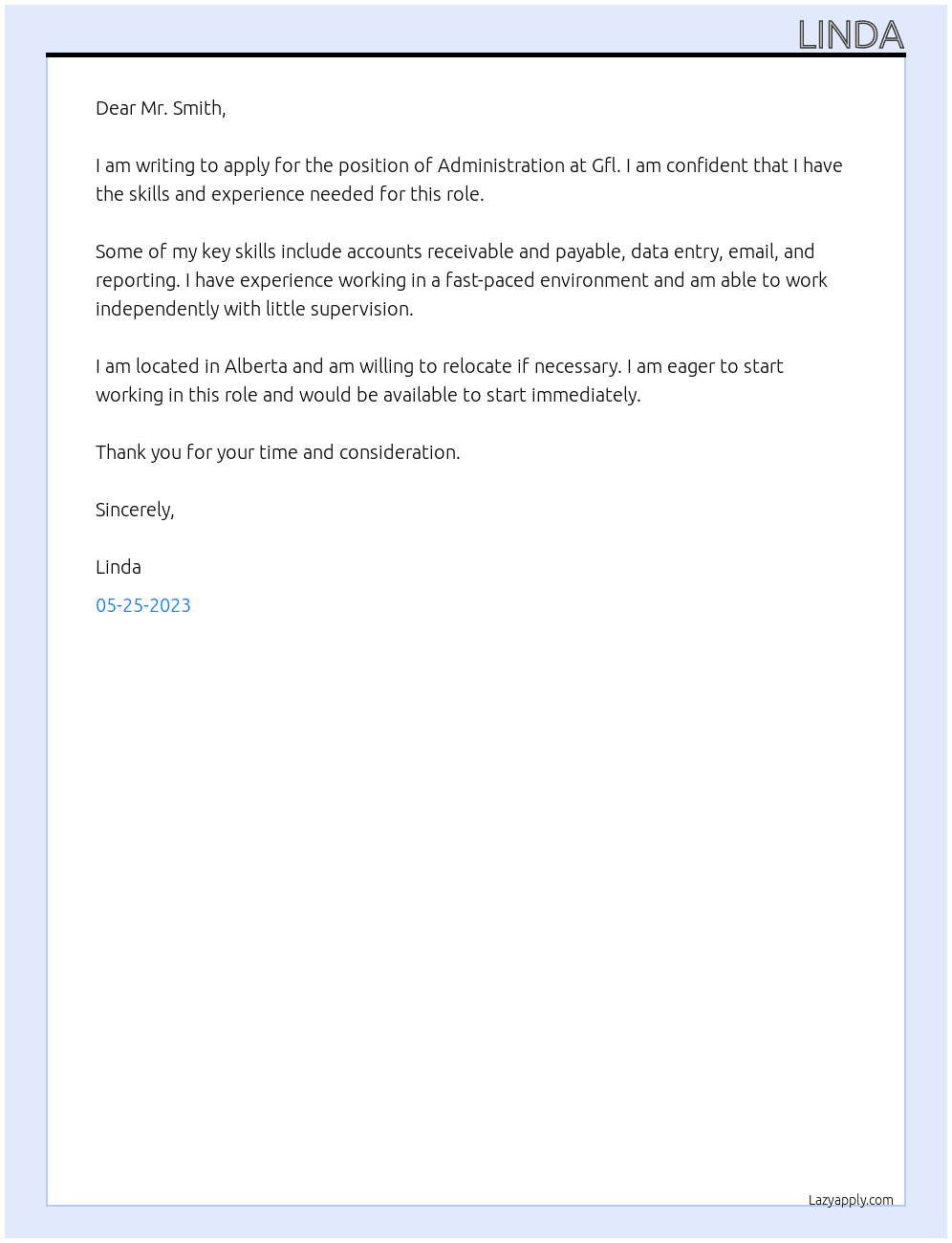 Administration  At Gfl Cover Letter