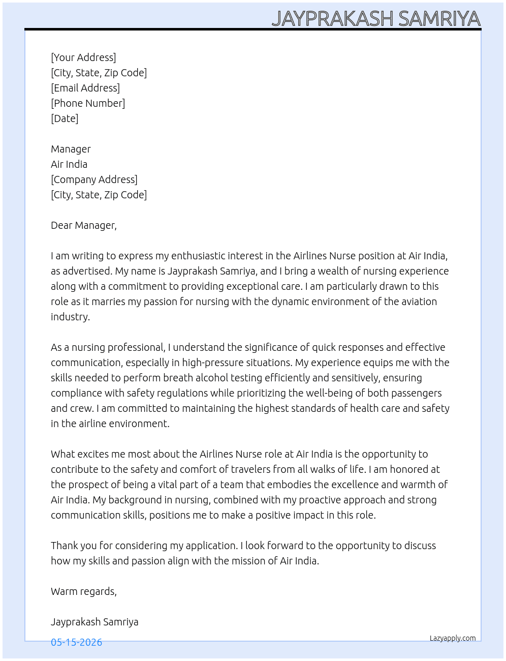 Airlines Nurse  At Air India  Cover Letter