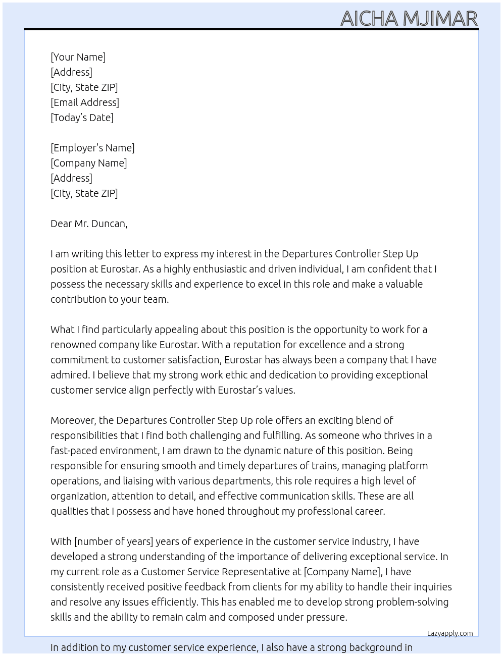 Departures Controller Step Up At Eurostar Cover Letter