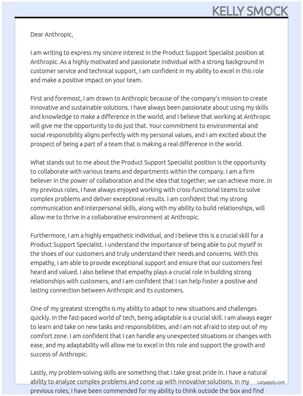 Product Support Specialist At Anthropic Cover Letter