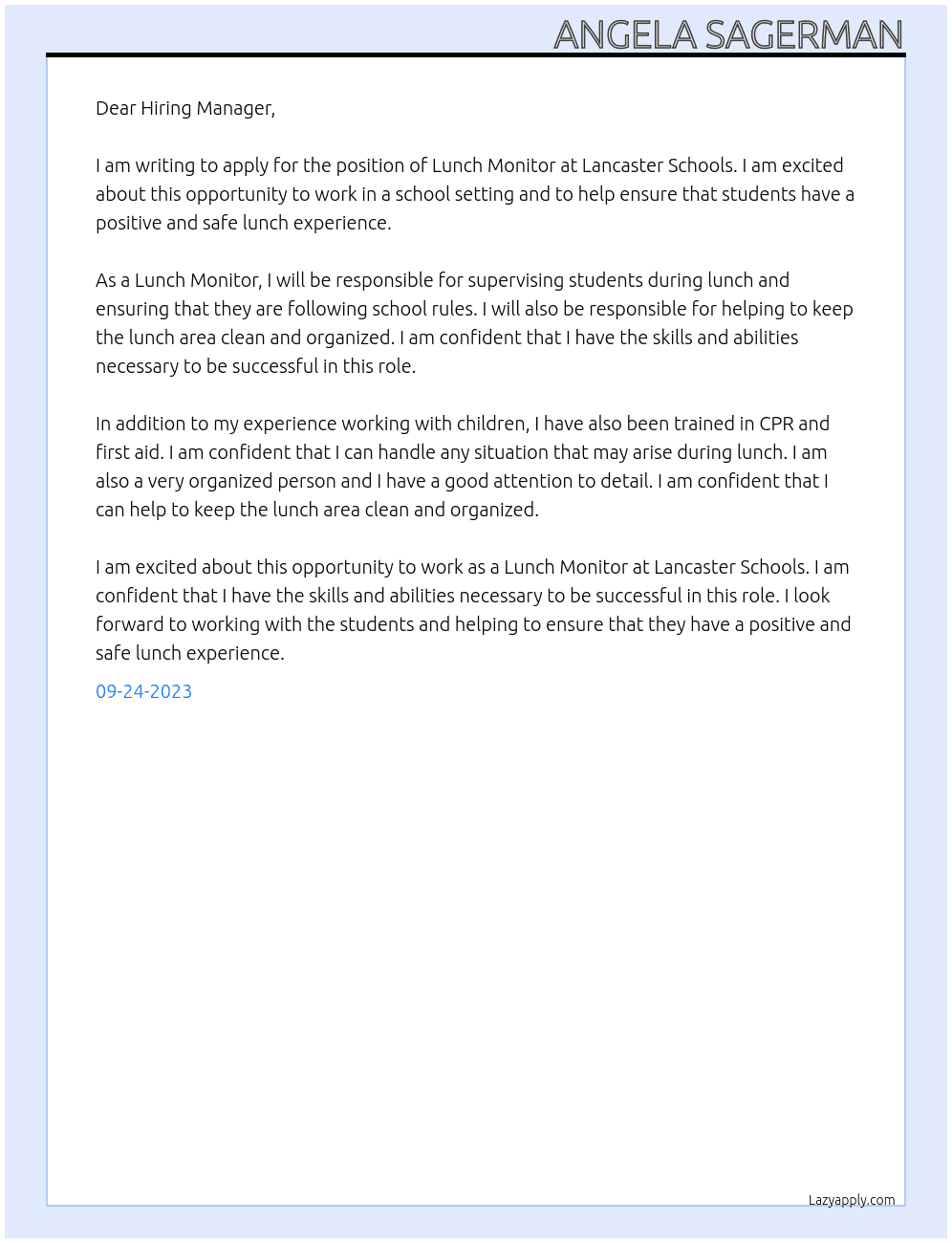 Lunch Monitor At Lancaster Schools Cover Letter