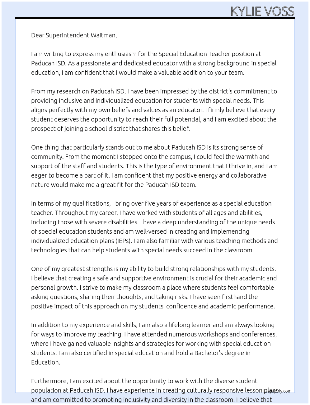 Special Education Teacher  At Paducah, ISD Cover Letter