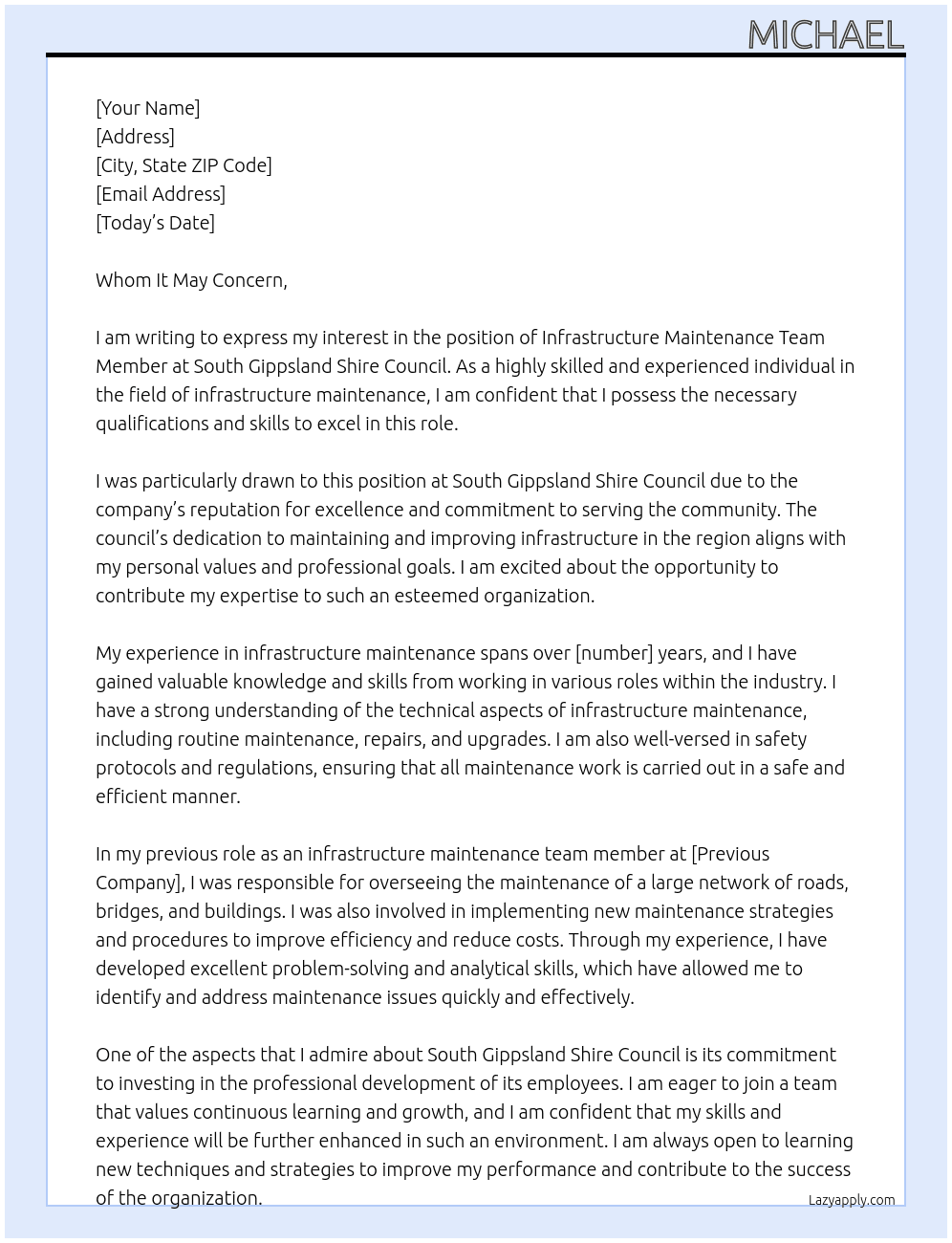 Infrastructure Maintenance Team Member At South Gippsland Shire Council Cover Letter