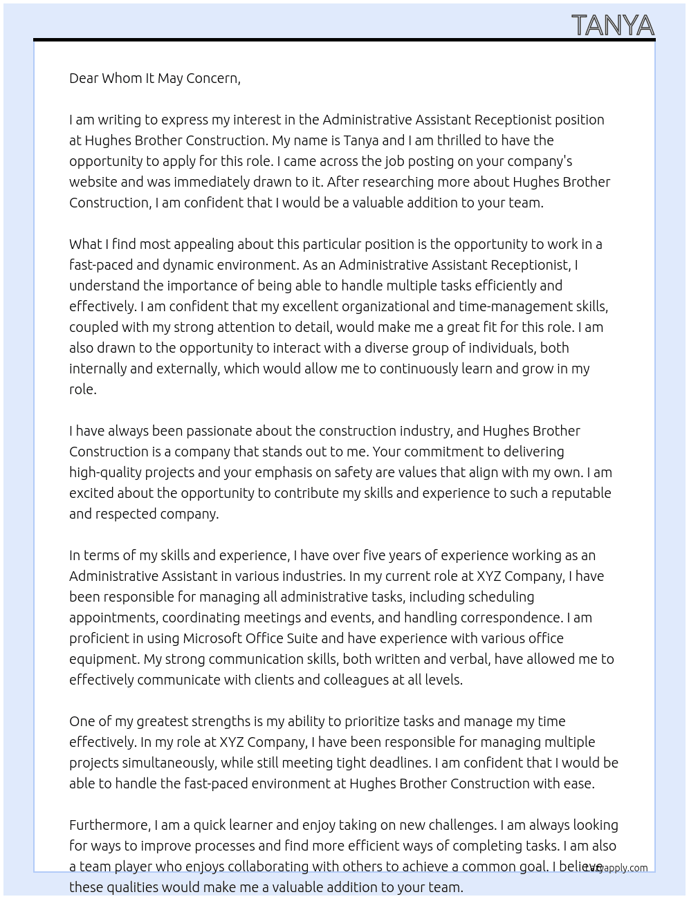Administrative Assistant Receptionist At Hughes Brother Construction Cover Letter