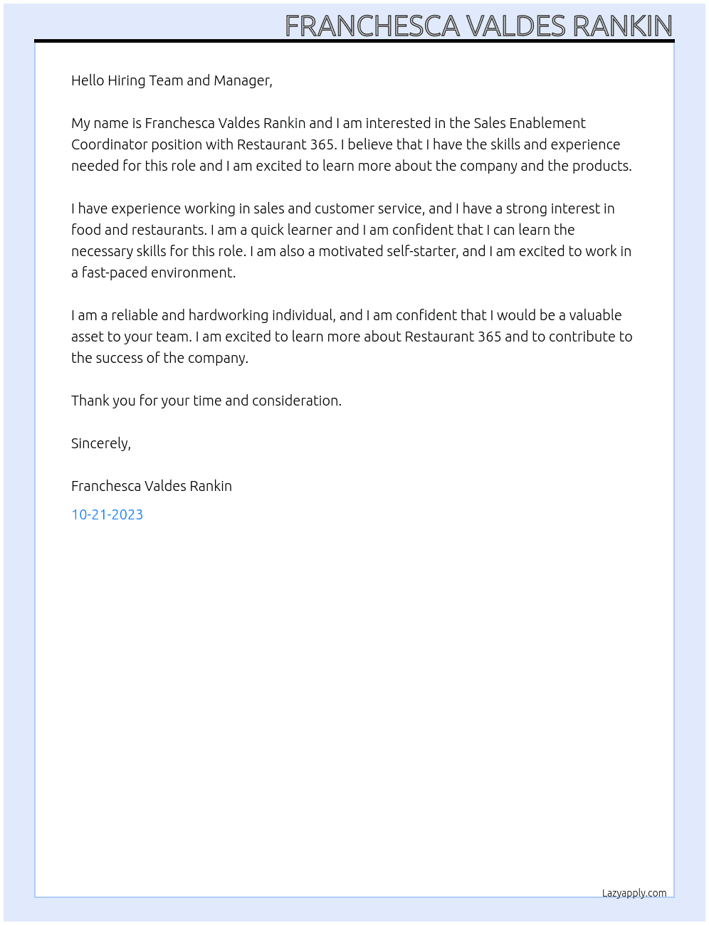 Sales Enablement Coordinator At Restaurant 365 Cover Letter