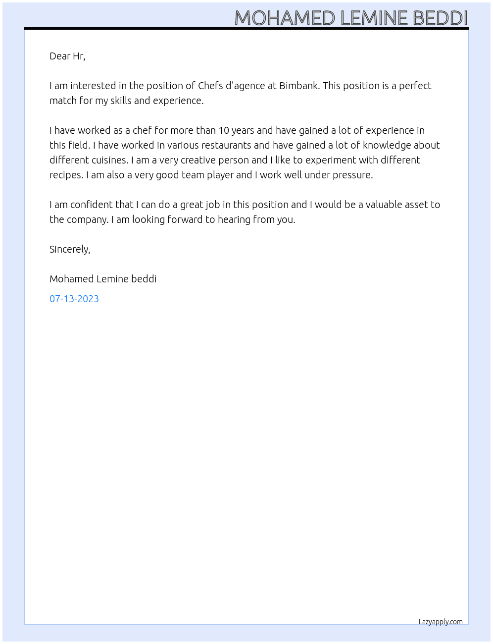 Chefs d’agence At Bimbank Cover Letter