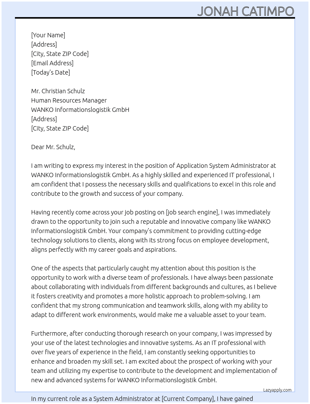 Application system administrator At WANKO Informationslogistik GmbH Cover Letter