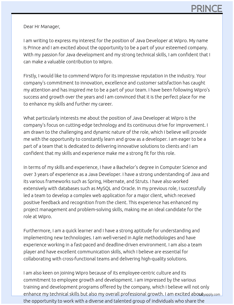 java developer At Wipro Cover Letter
