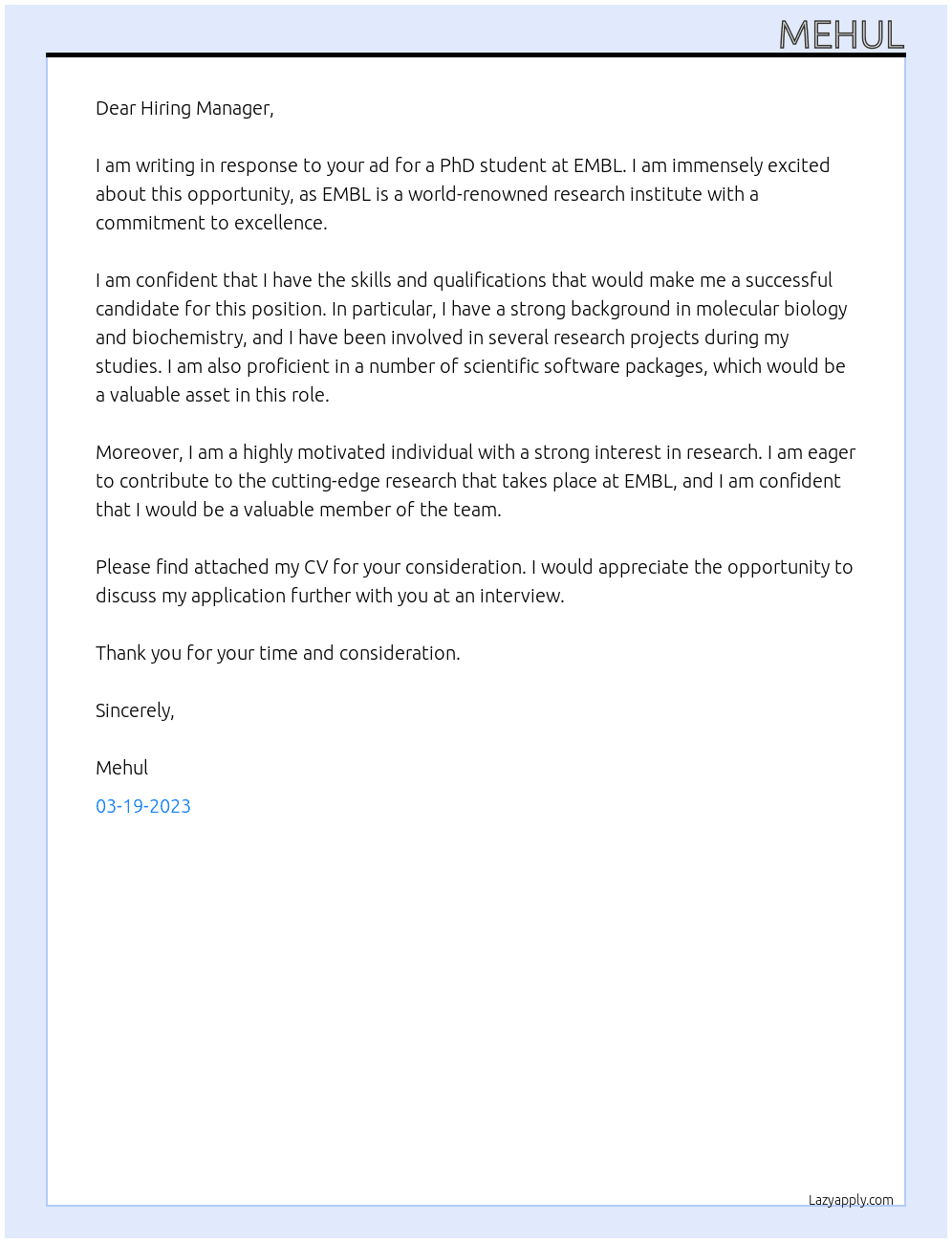 PhD student At EMBL  Cover Letter