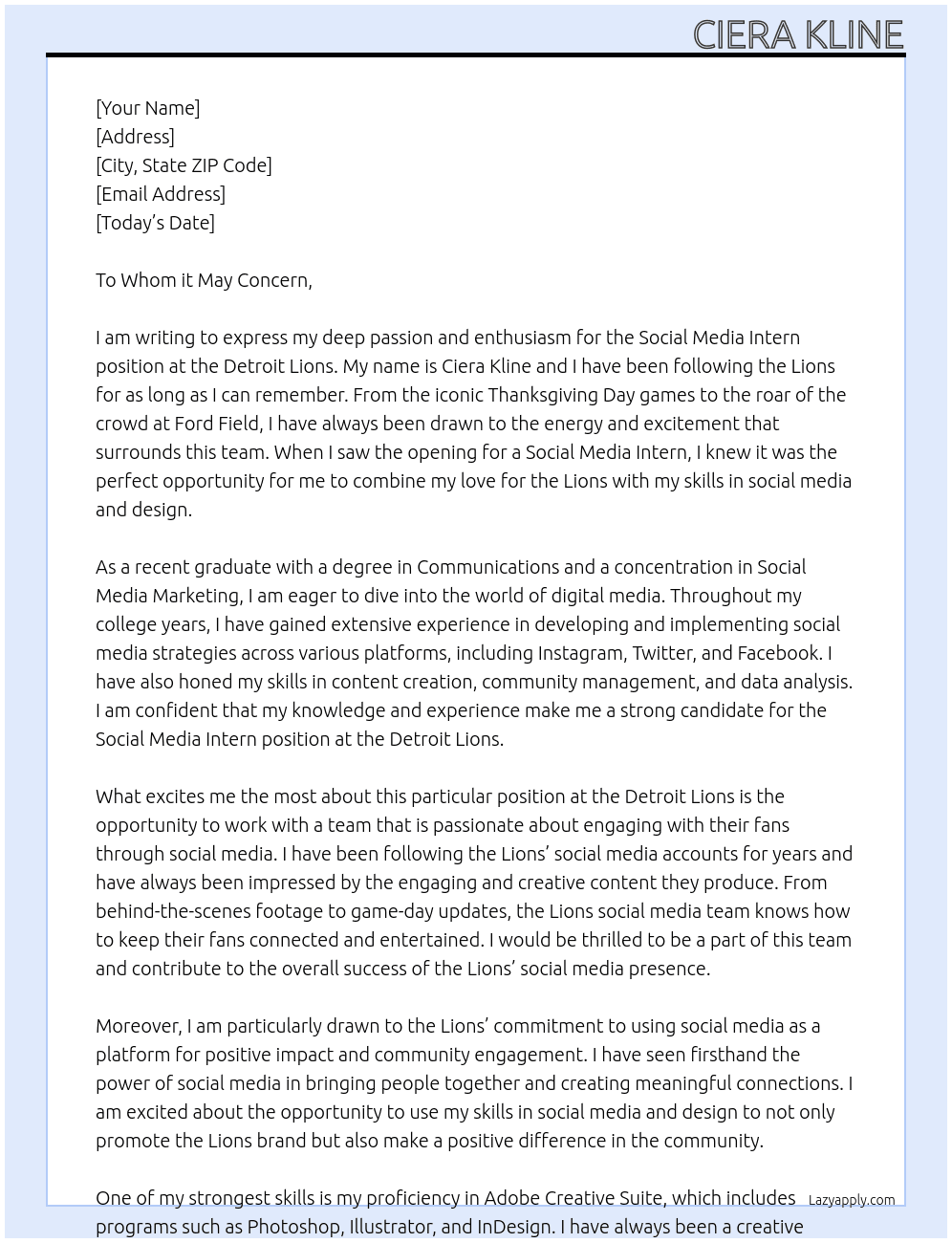 Social Media Intern At Detroit Lions Cover Letter