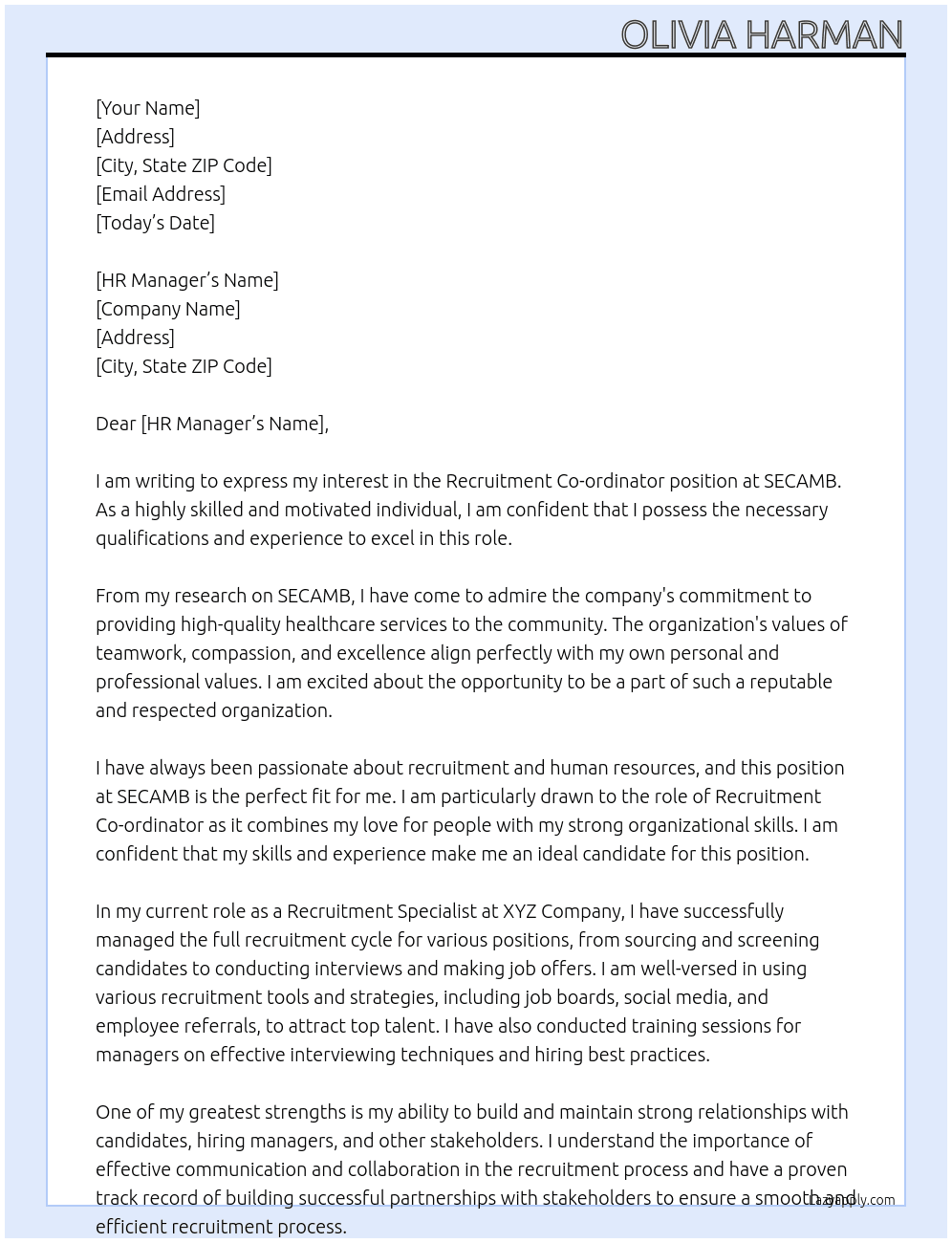 Recruitment Co-ordinator At SECAMB Cover Letter