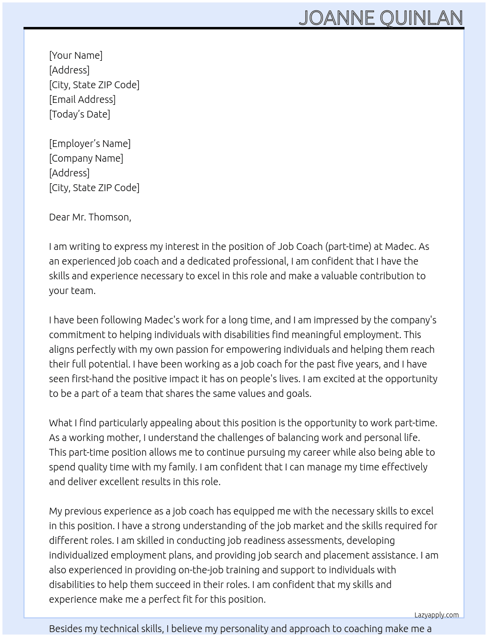 Job Coach (part time) At Madec  Cover Letter
