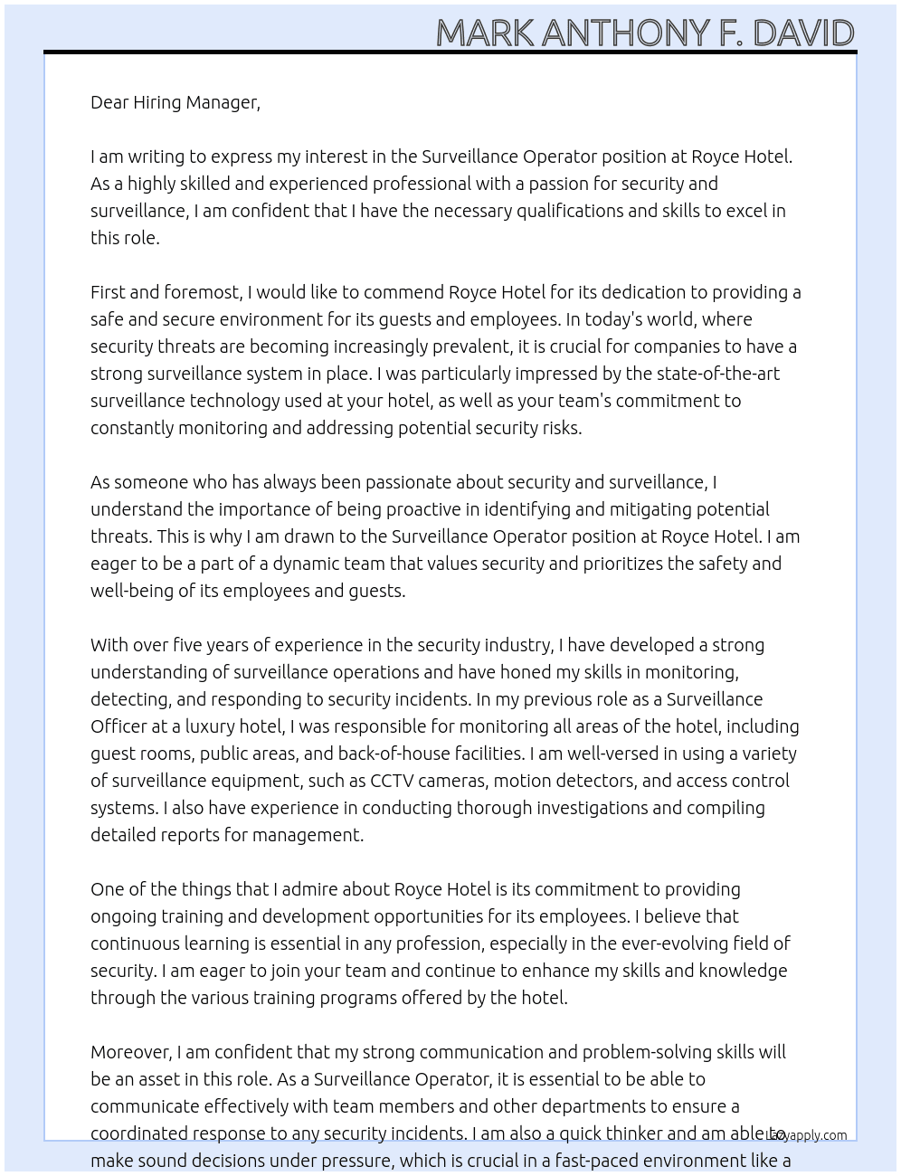 Surveillance Operator At Royce Hotel  Cover Letter