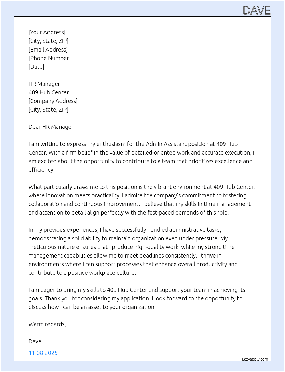 Admin assistant  At 409 hub center  Cover Letter