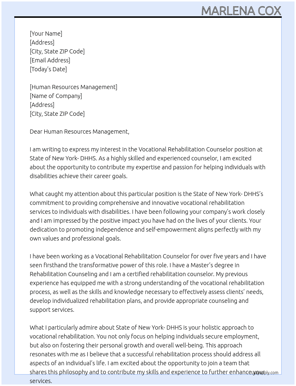 Vocational Rehabilitation Counselor At State of New York- DHHS Cover Letter