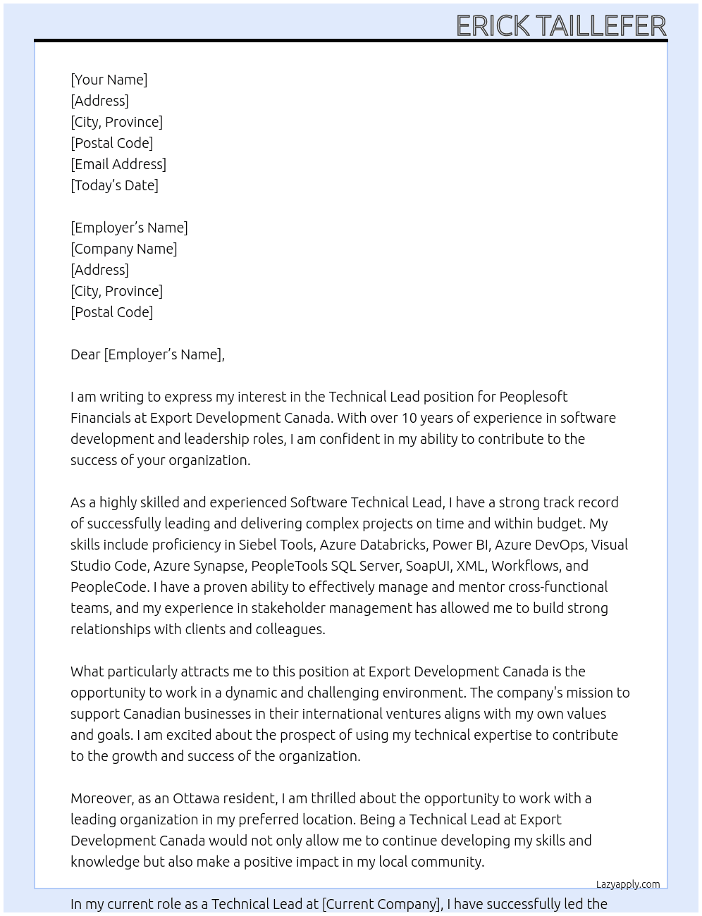 Software technical lead (Peoplesoft Financials) At Export Development Canada Cover Letter