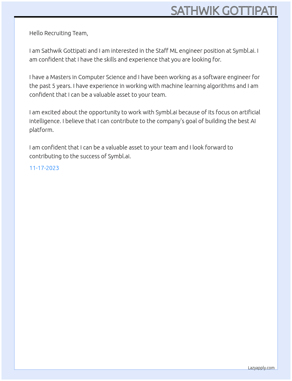 Staff ML engineer At Symbl.ai Cover Letter