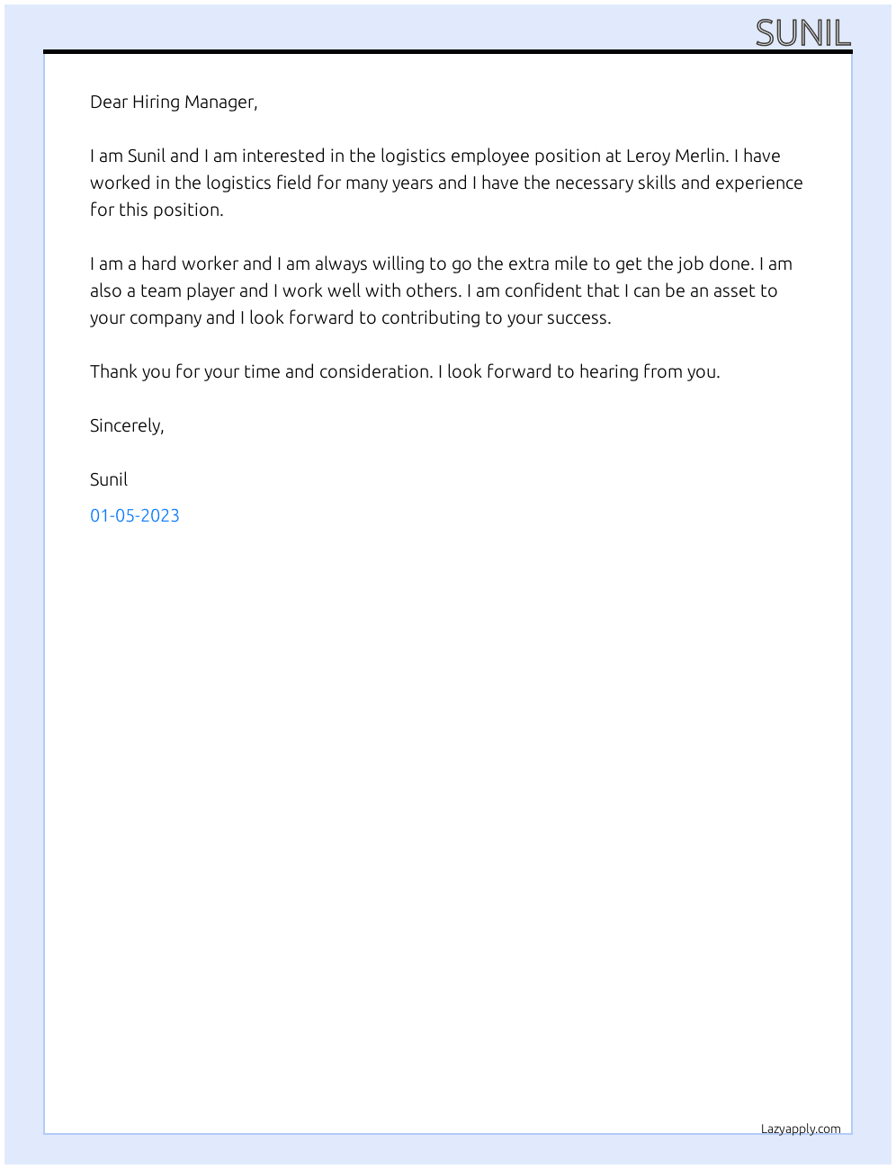 Logistics Employee At Leroy Merlin Cover Letter