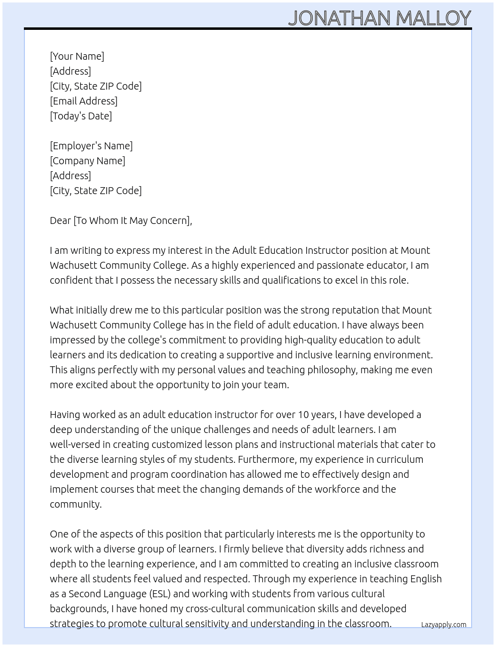 Adult Education Instructor At Mount Wachusett Community College Cover Letter