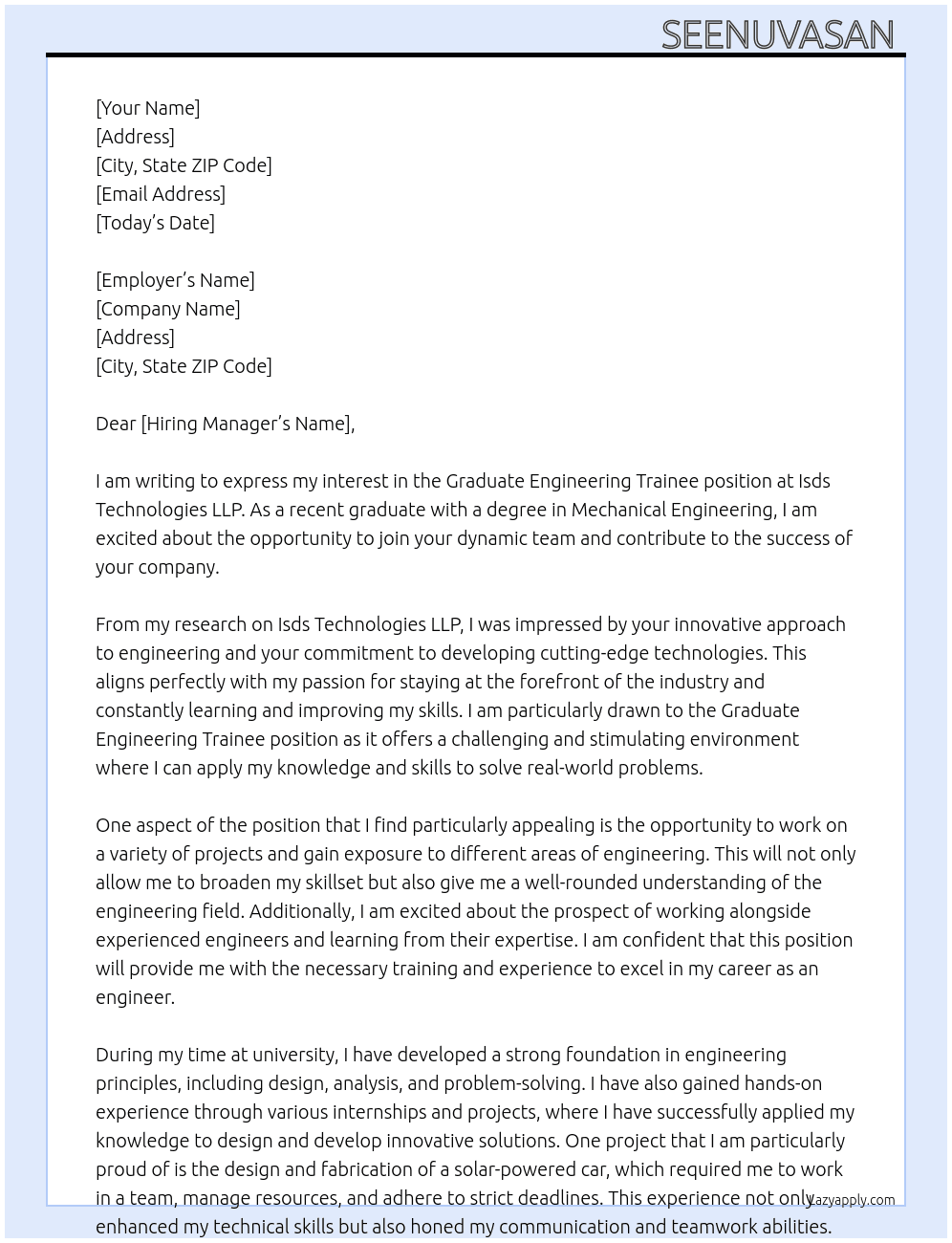 Graduate engineering trainee  At Isds technologies LLP  Cover Letter