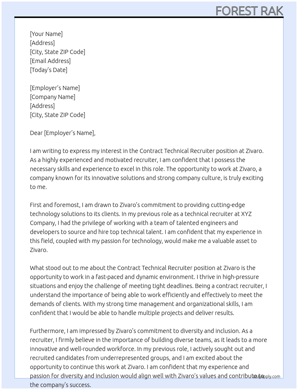 Contract Technical Recruiter At Zivaro Cover Letter