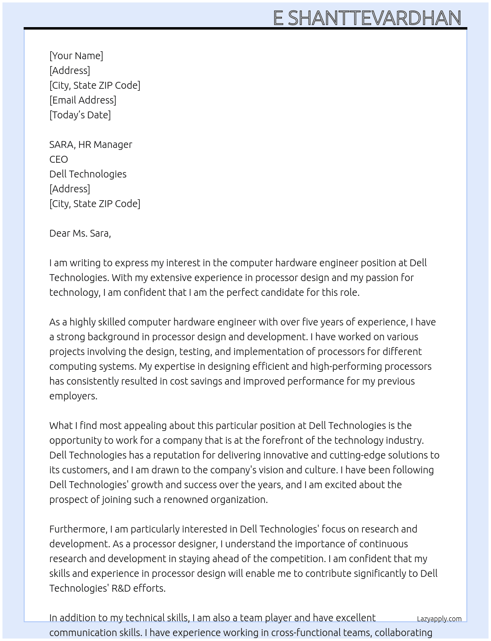 computer hardware engineer At DELL TECHNOLOGIES Cover Letter
